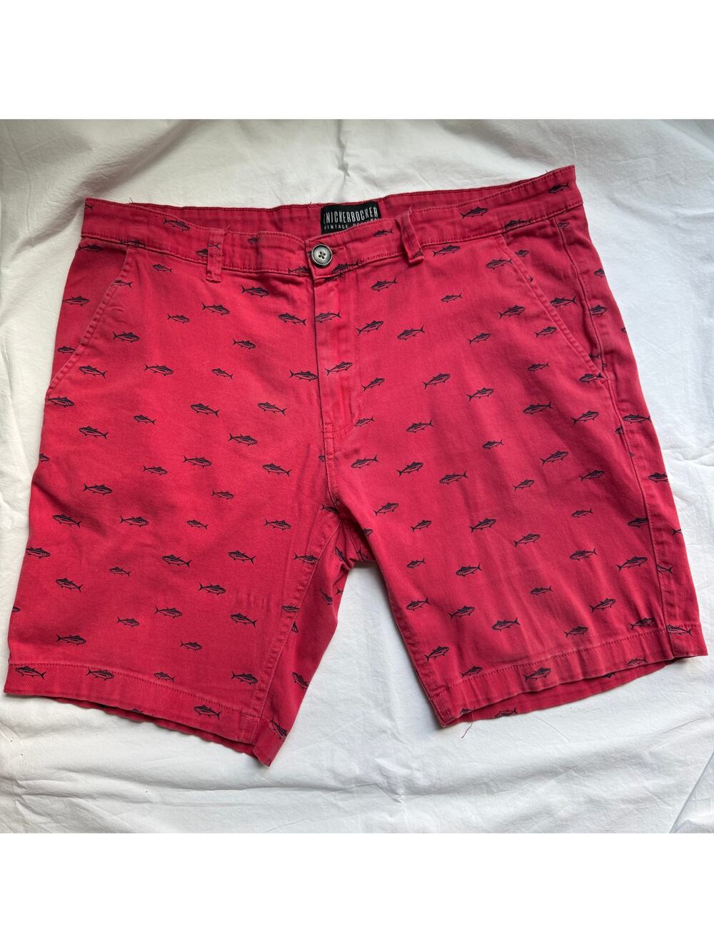 Vintage Knickerbocker Fish Print Twill Shorts Red Men's Size 36 Preppy